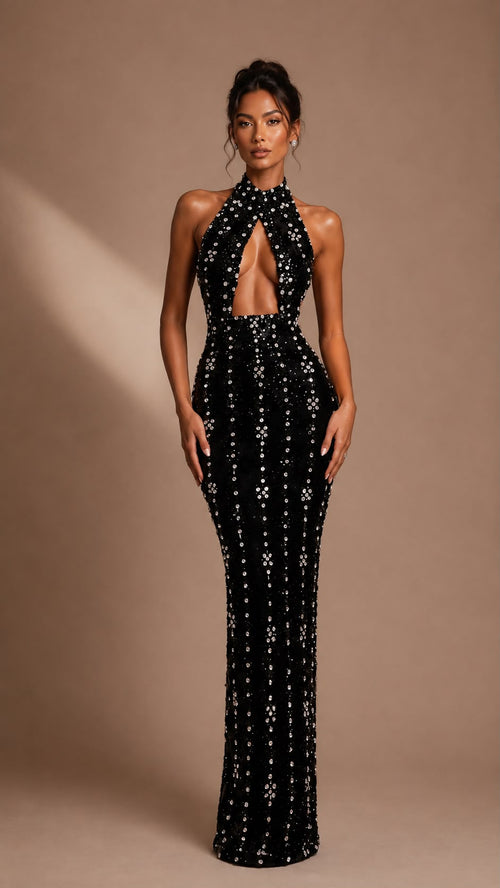 Crystal Beaded Halter Keyhole Gown