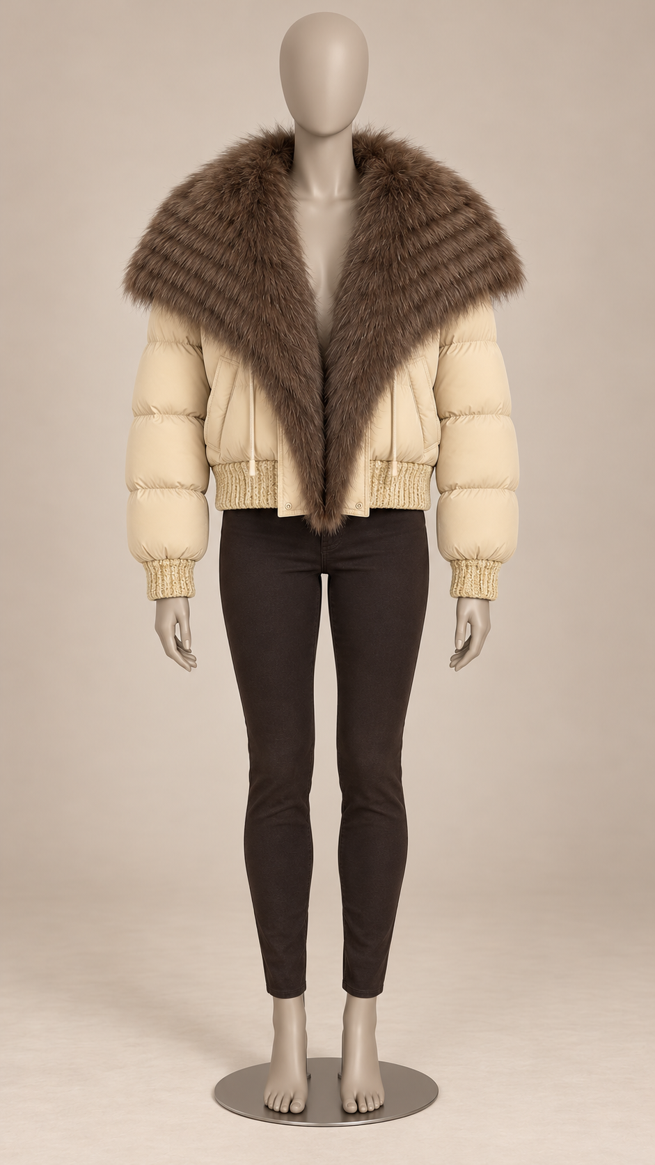 Svetlana Fox-Collar Puffer — Beige & Coffee mannequin front