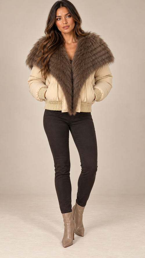 Svetlana Fox-Collar Puffer — Beige & Coffee model front