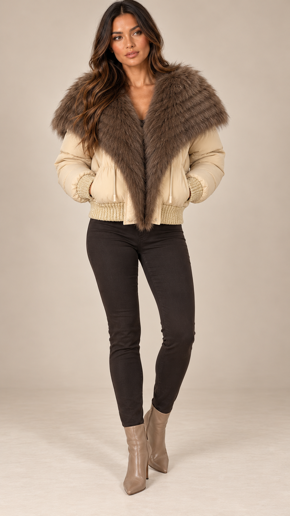Svetlana Fox-Collar Puffer — Beige & Coffee model front