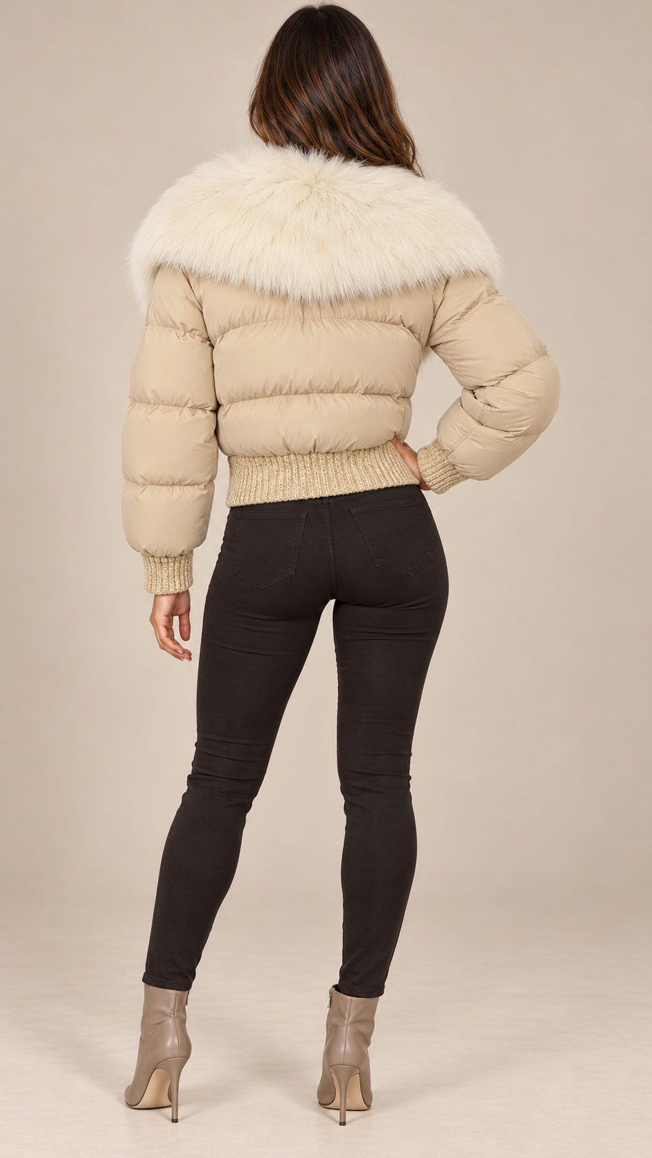 Svetlana Fox-Collar Puffer — Beige & Ivory model back