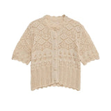 Beige Crochet Knit Short Sleeve Crew Neck Top