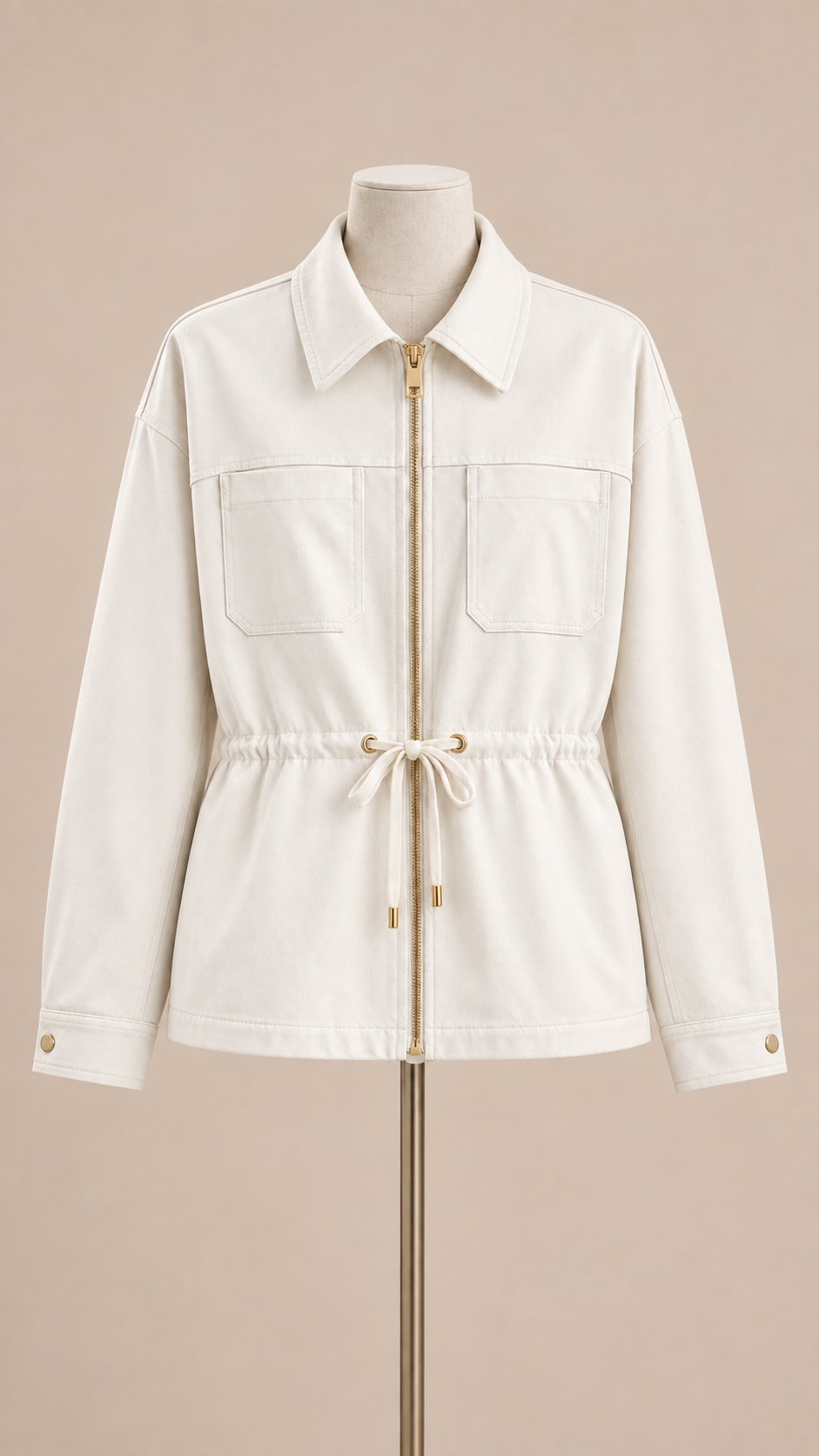 Sloane Drawstring Utility Jacket — Beige mannequin front