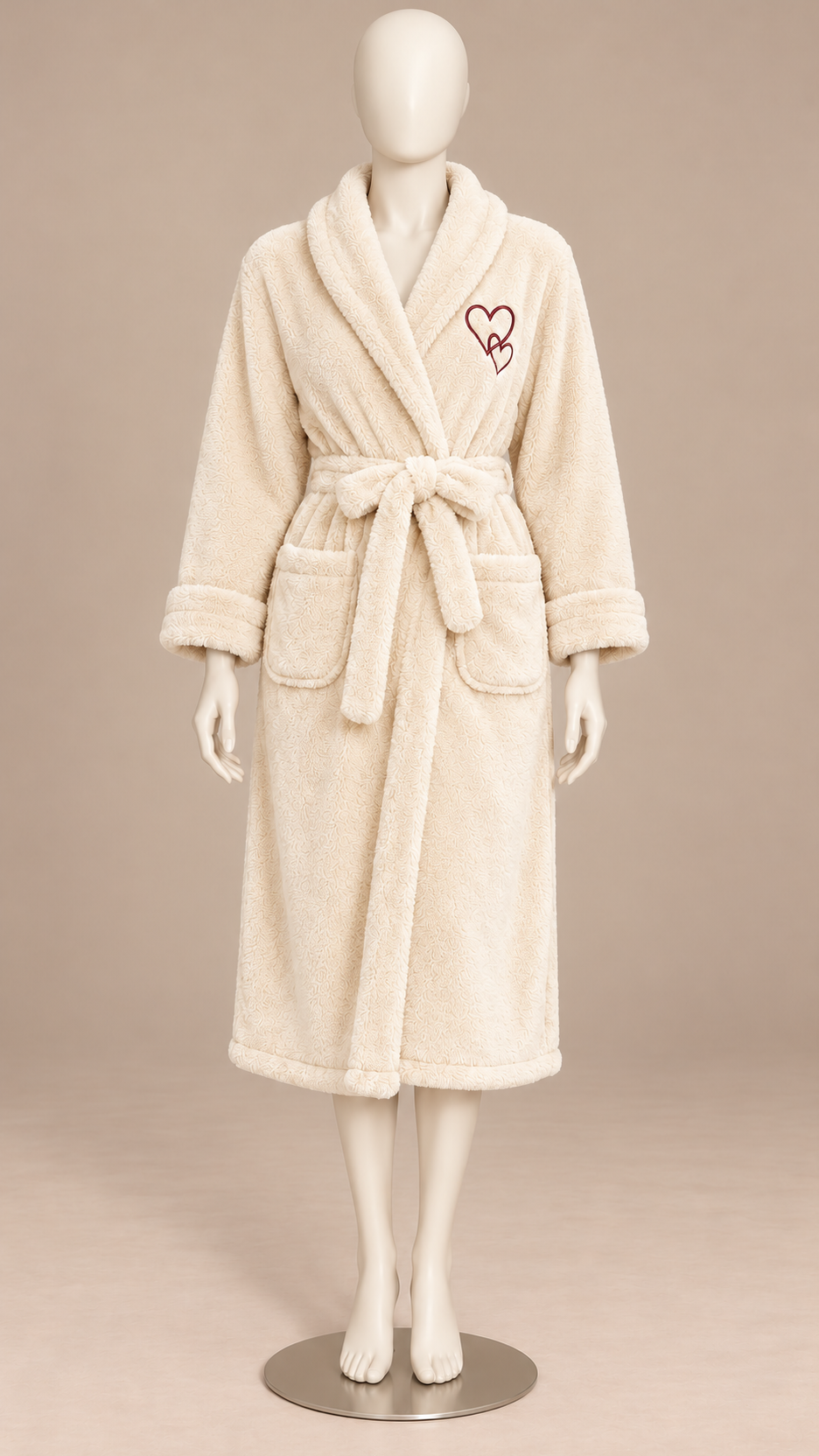 Clarabel Heart-Stitch Robe — Beige mannequin front