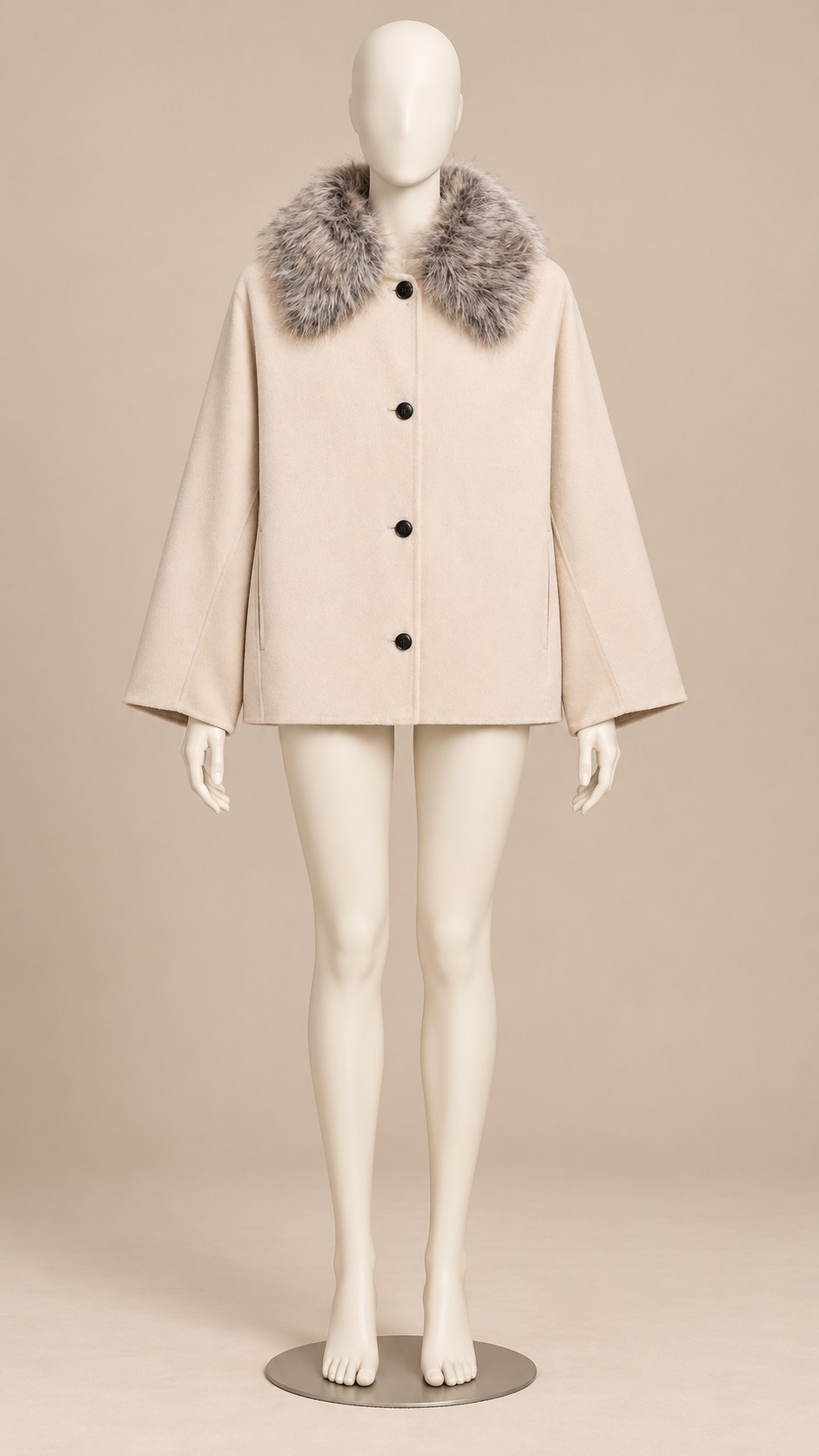 Delphia Plush-Collar Coat — Beige mannequin front