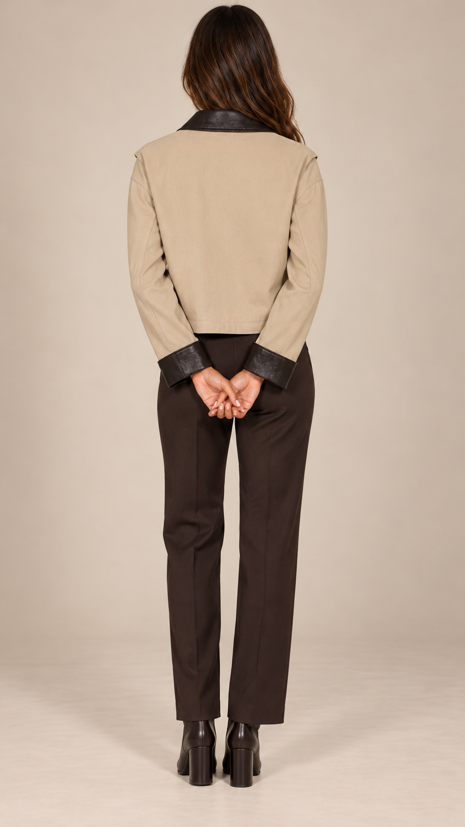 Rosalba Contrast-Collar Jacket — Beige model back