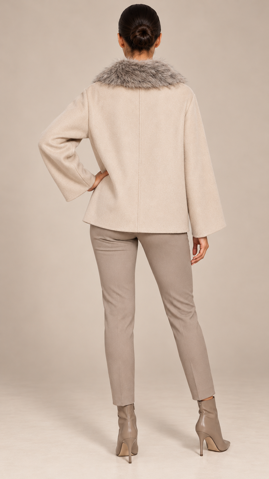 Delphia Plush-Collar Coat — Beige model back
