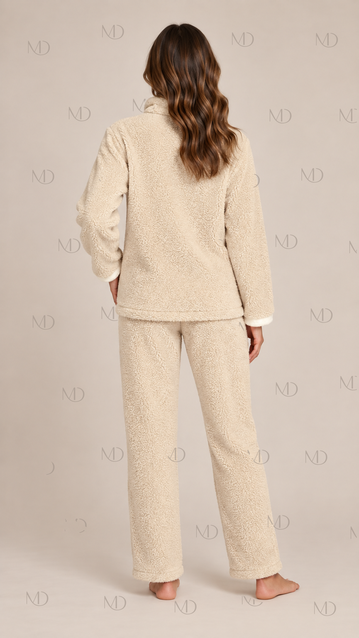 Wren Fleece Cardigan Pajama Set — Beige model back
