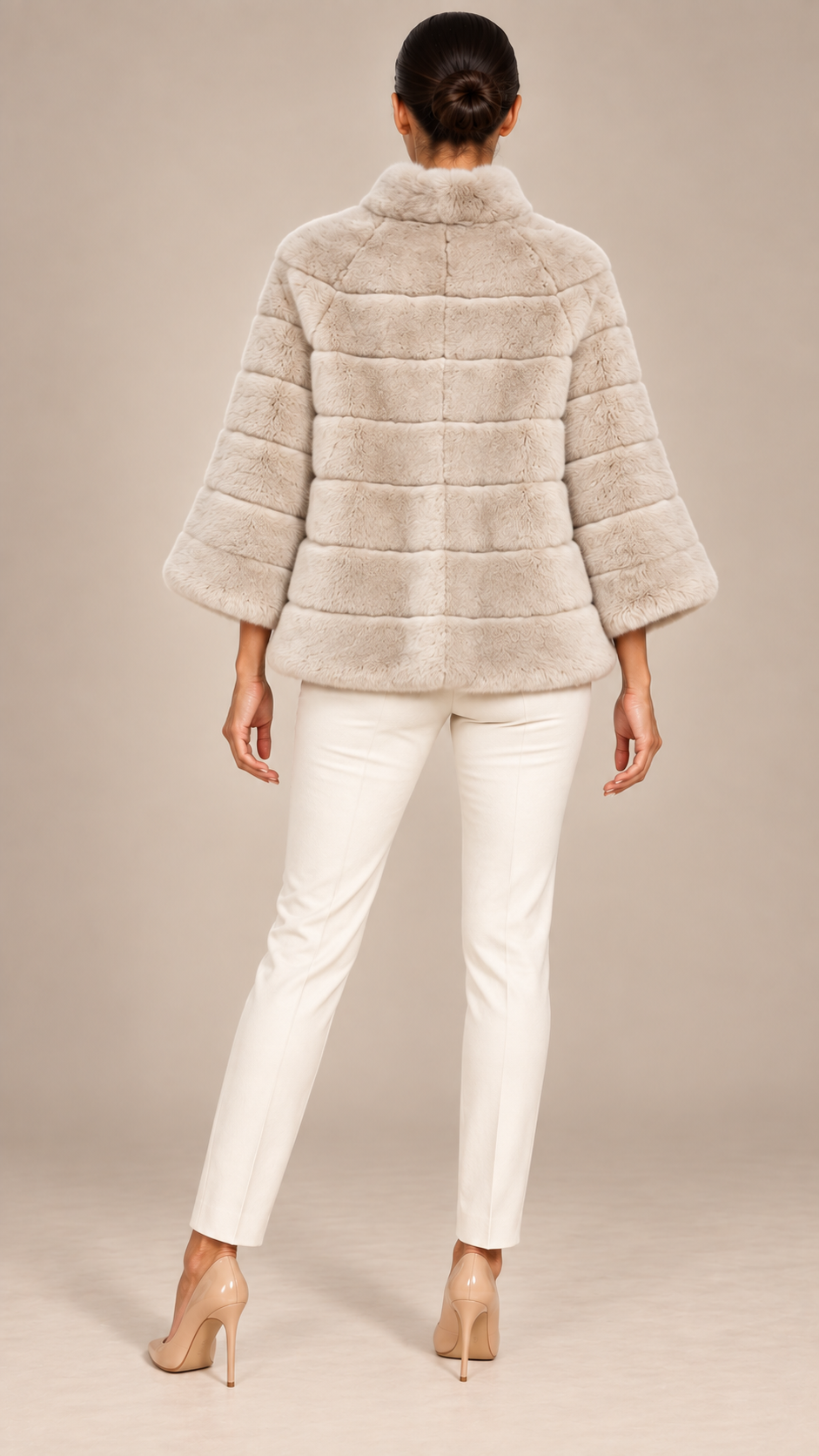 Ines Bell-Sleeve Fur Cape — Beige model back