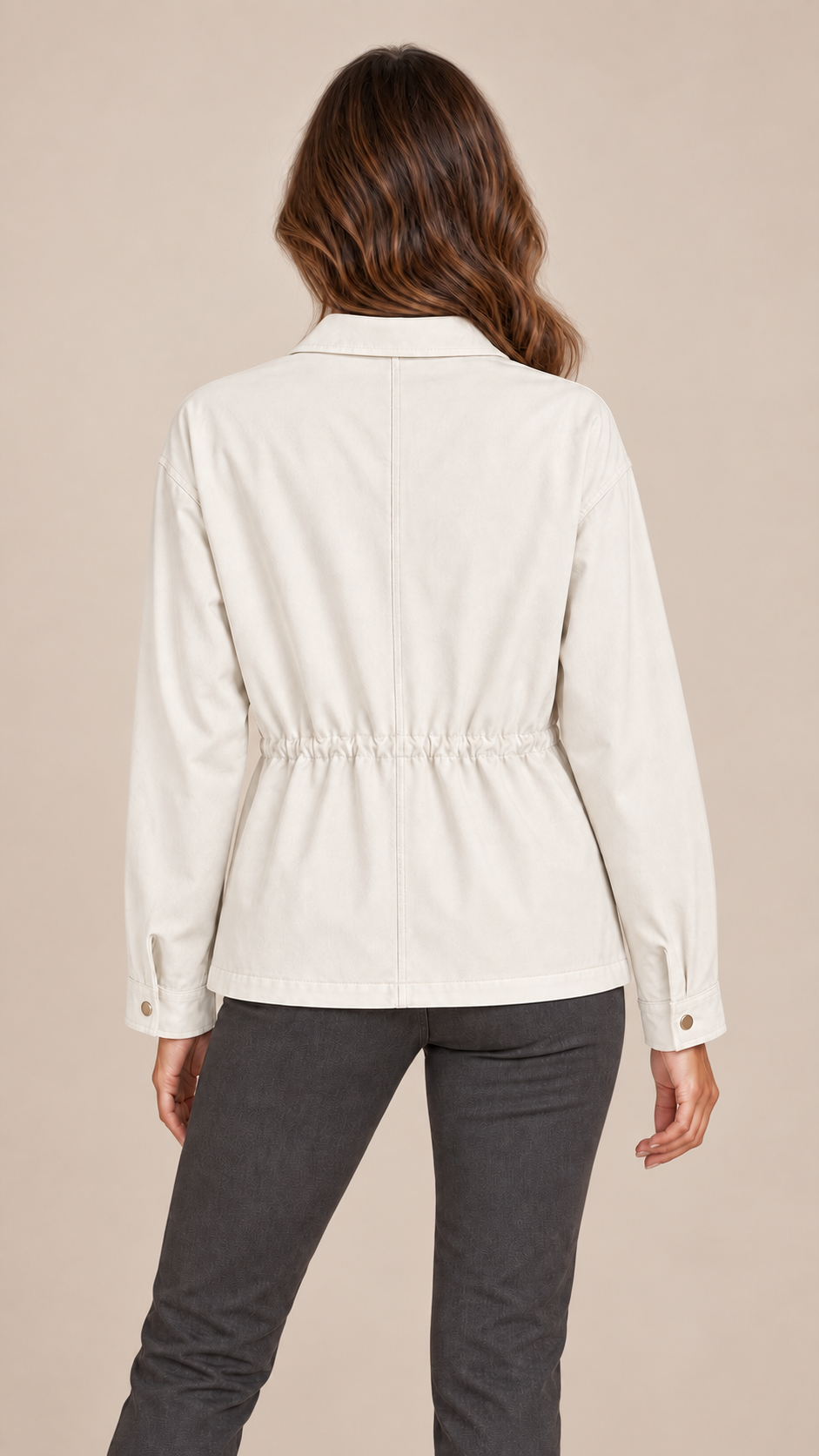 Sloane Drawstring Utility Jacket — Beige model back