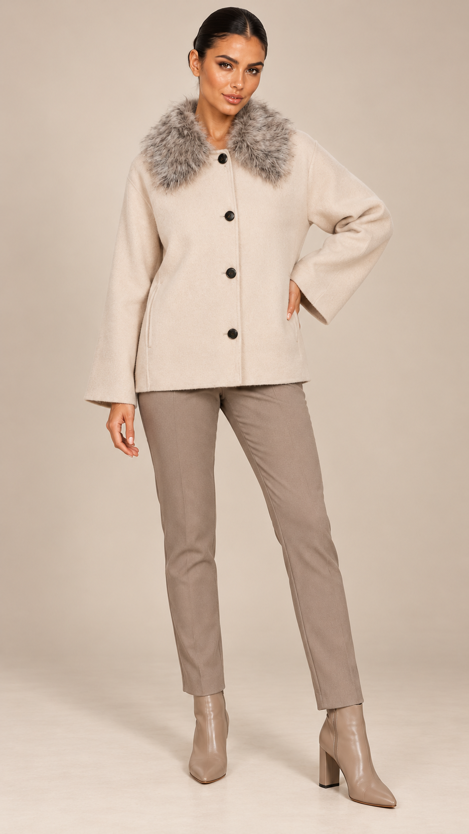 Delphia Plush-Collar Coat — Beige model front