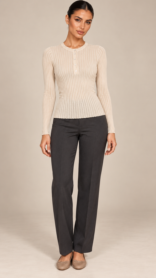 Fenella Ribbed Button Top — Beige model front