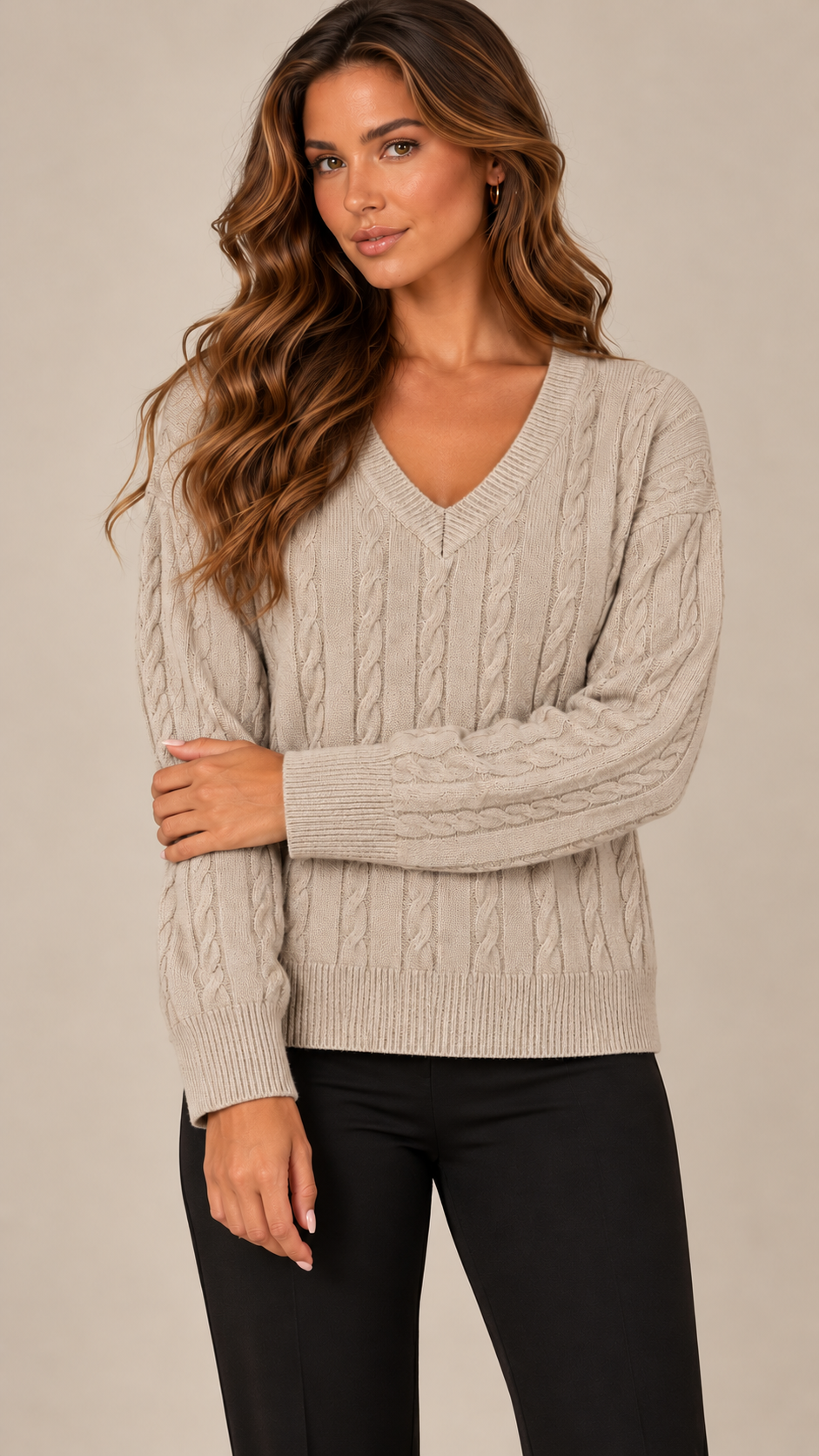Marit Cable V-Neck Sweater — Beige model front