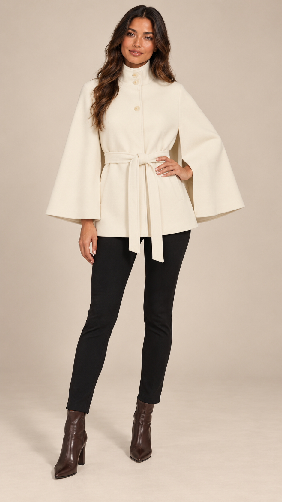 Antonella Cape Coat — Beige model front