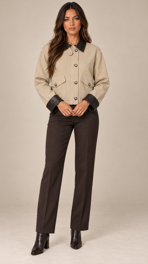 Rosalba Contrast-Collar Jacket — Beige model front