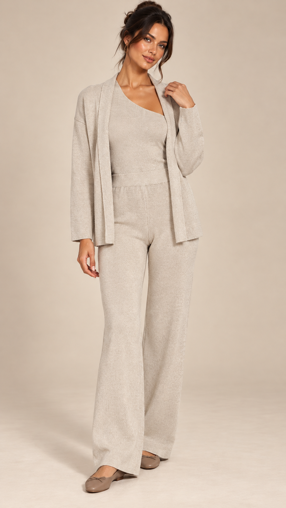 Gwenllian One-Shoulder Knit Set — Beige model front