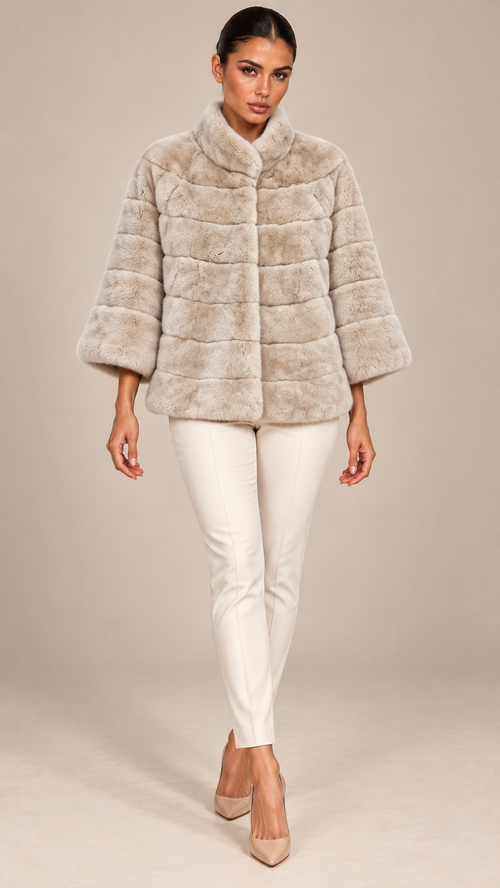 Ines Bell-Sleeve Fur Cape — Beige model front