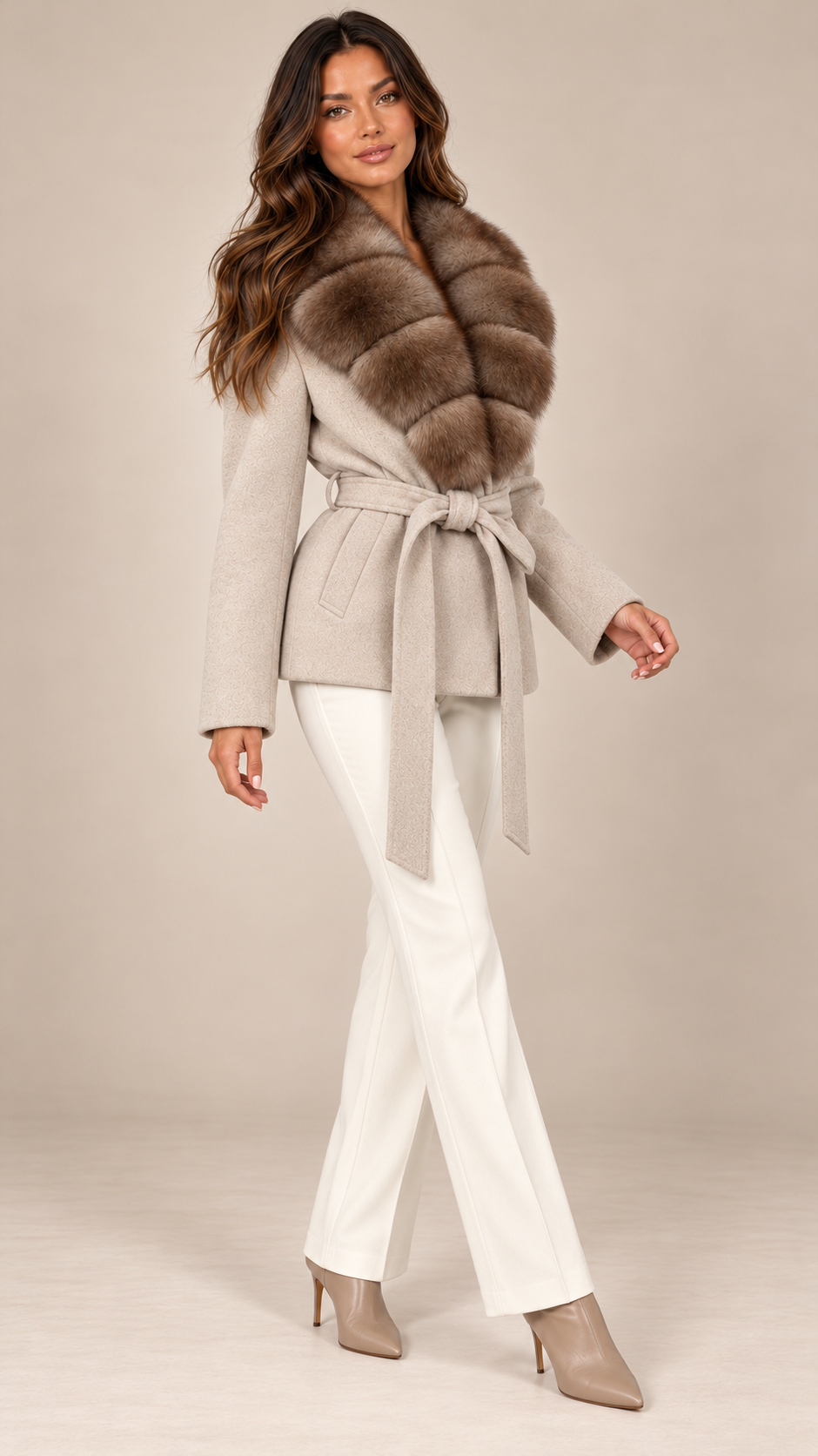 Katja Ruff-Collar Coat — Beige model front