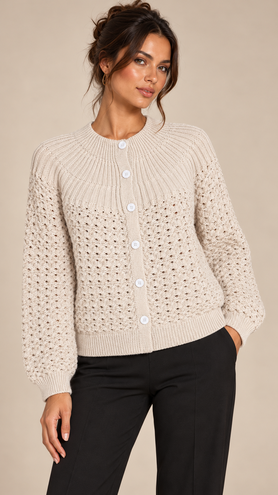 Astrid Honeycomb Cardigan — Beige model front
