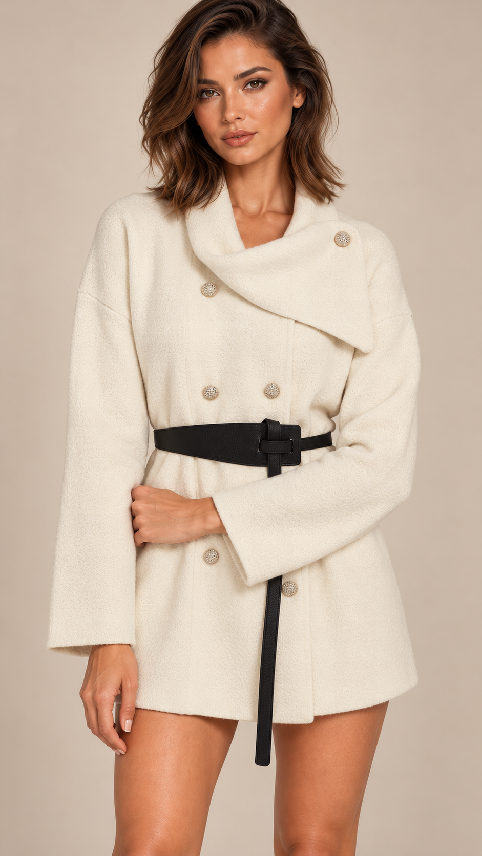 Philippine Sash-Belt Cardigan — Beige model front