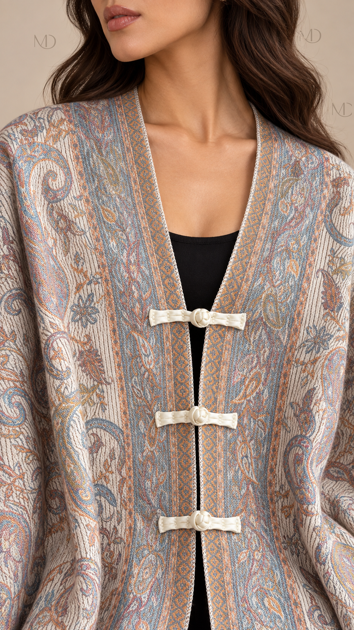 Meiling Paisley Frog-Button Shawl — Beige worn closeup