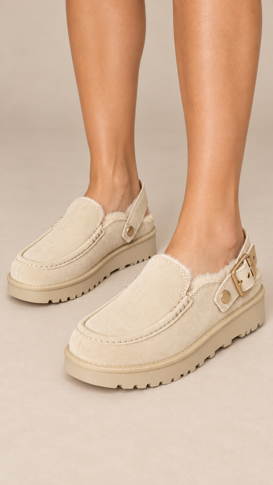 Amalia Moc-Stitch Clog — Beige worn closeup
