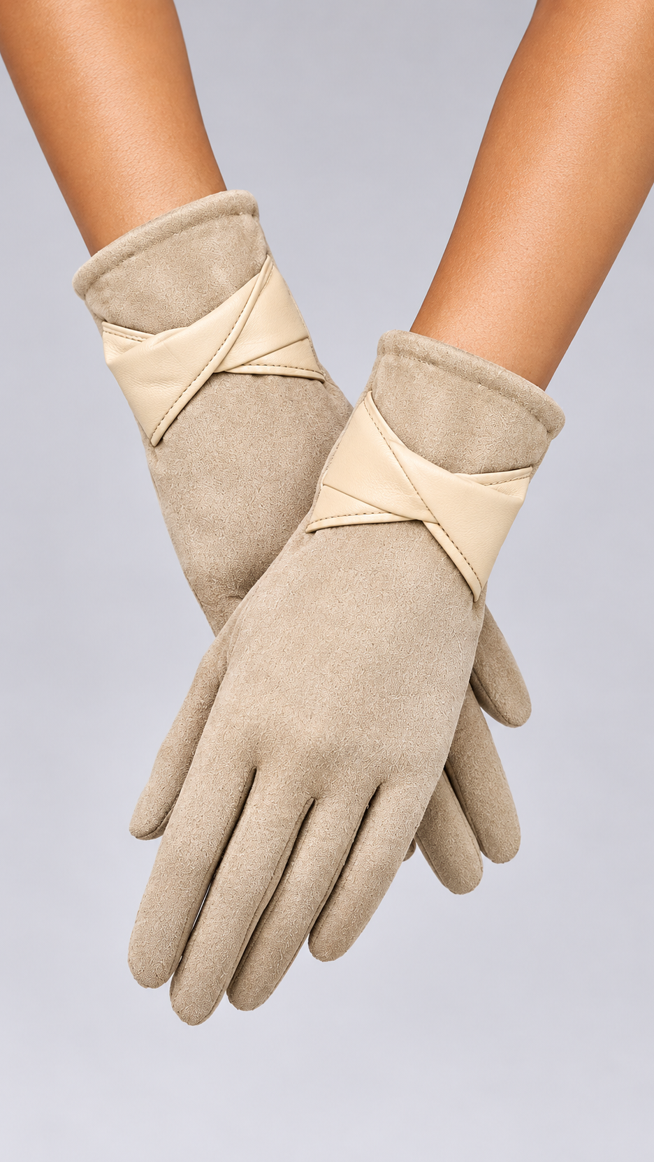 Leocadia Bow-Knot Gloves — Beige worn closeup