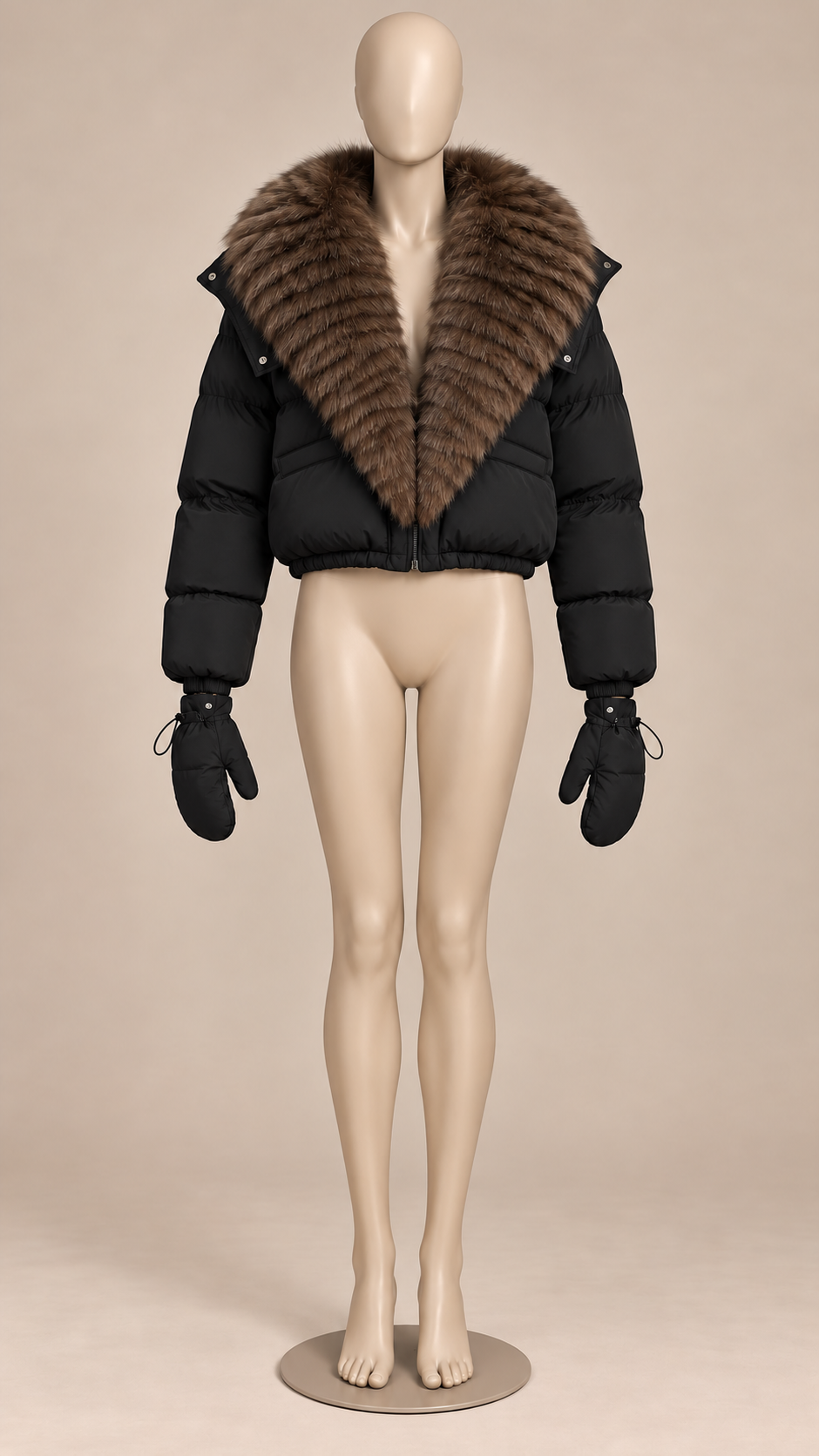 Anastasia Fox-Stole Hooded Puffer — Black & Coffee mannequin front