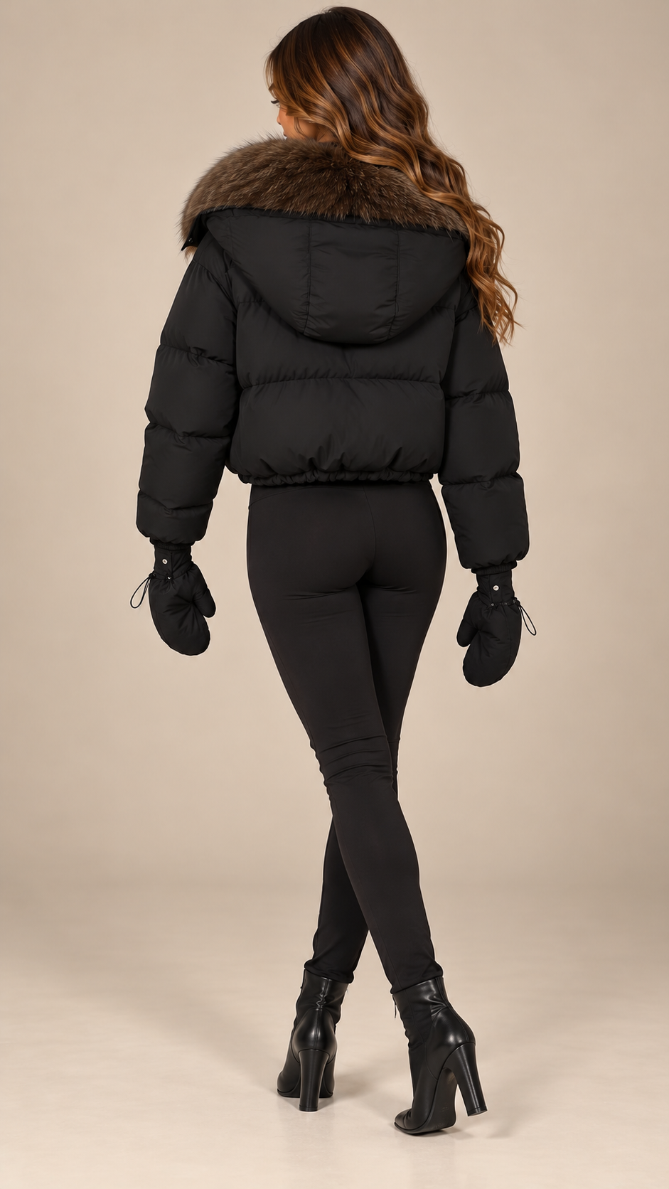 Anastasia Fox-Stole Hooded Puffer — Black & Coffee model back