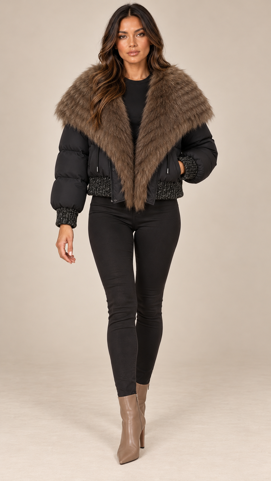 Svetlana Fox-Collar Puffer — Black & Coffee model front