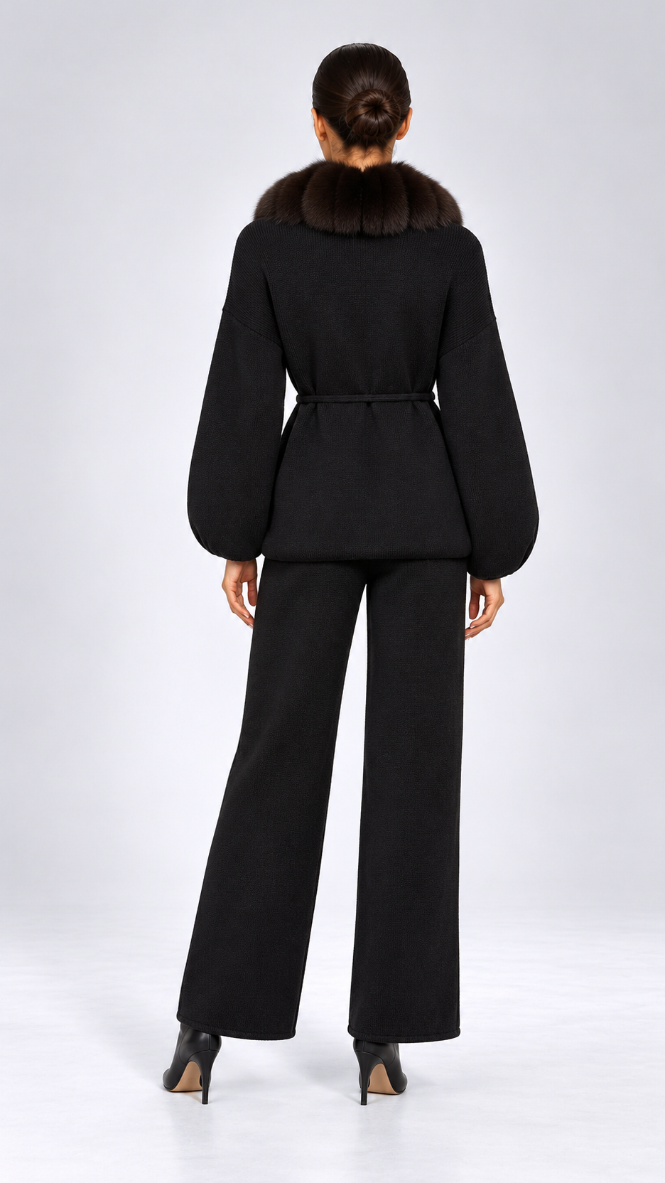 Margit Fox-Collar Knit Set — Black + Dark Coffee model back