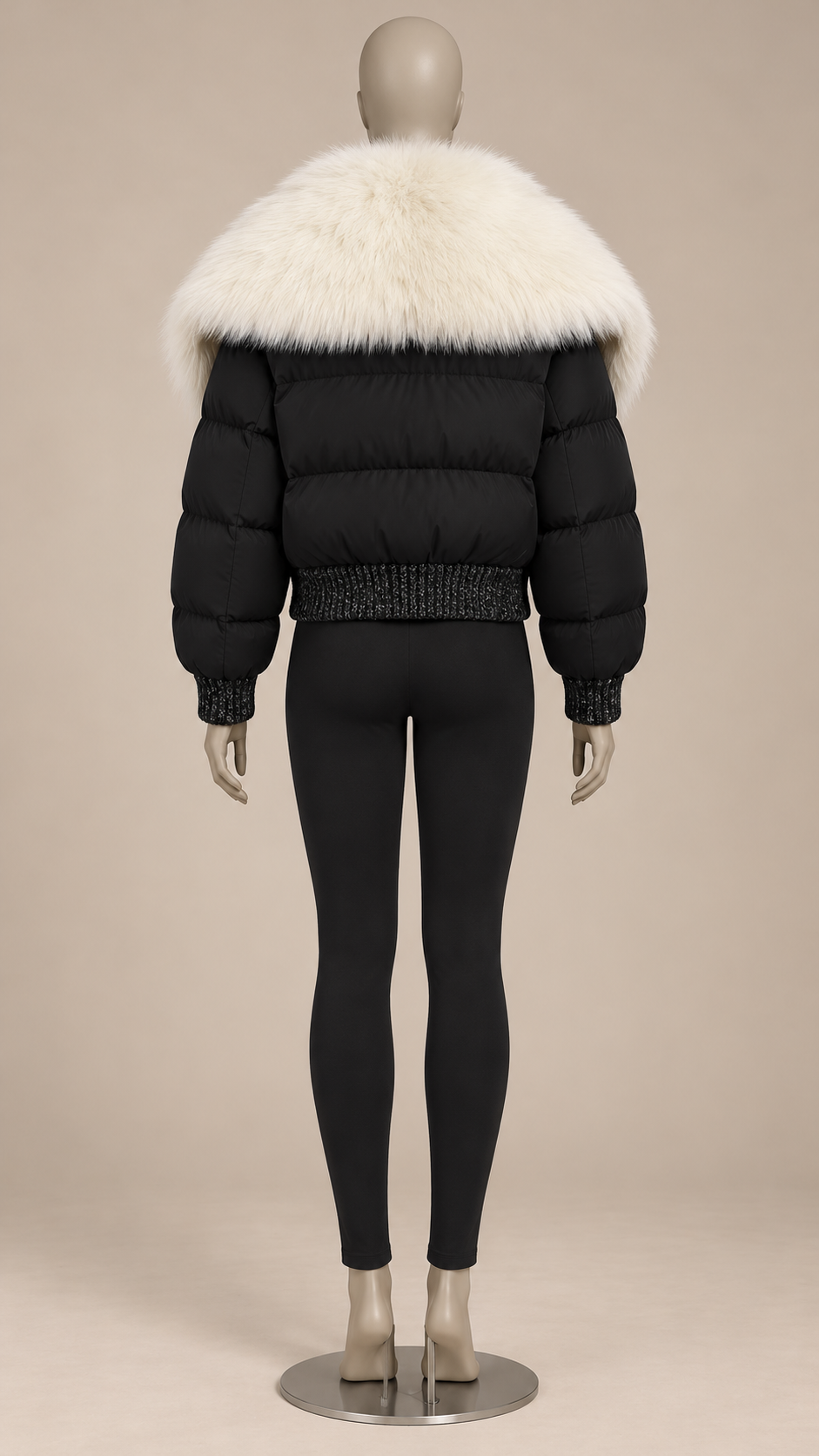Svetlana Fox-Collar Puffer — Black & Ivory mannequin back