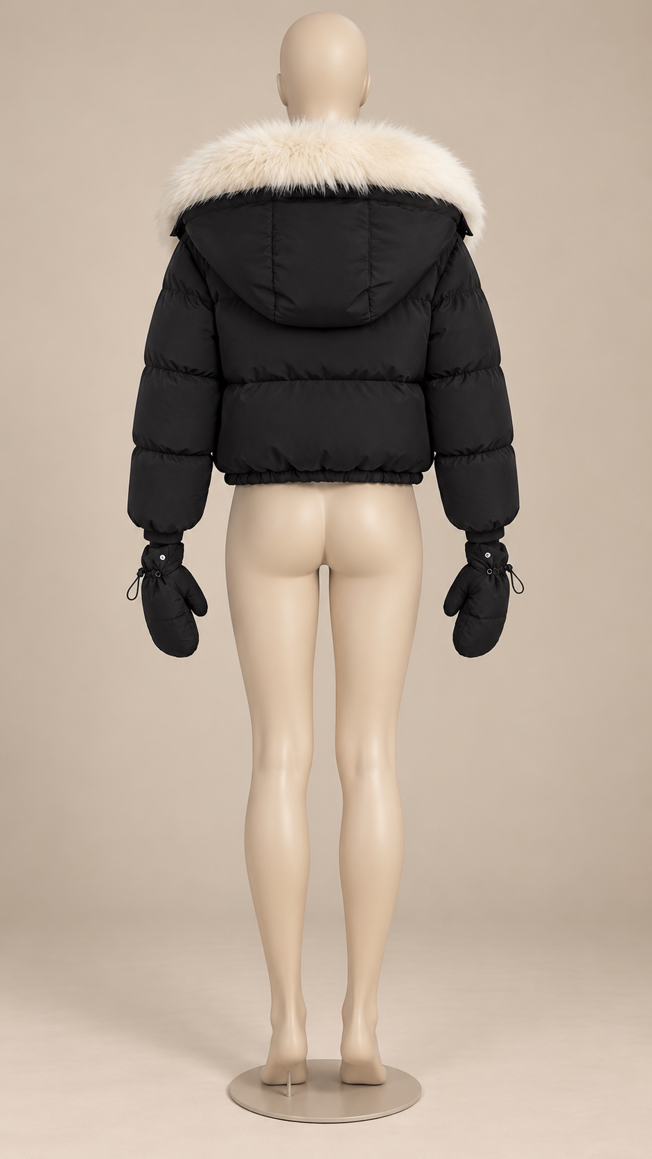 Anastasia Fox-Stole Hooded Puffer — Black & Ivory mannequin back
