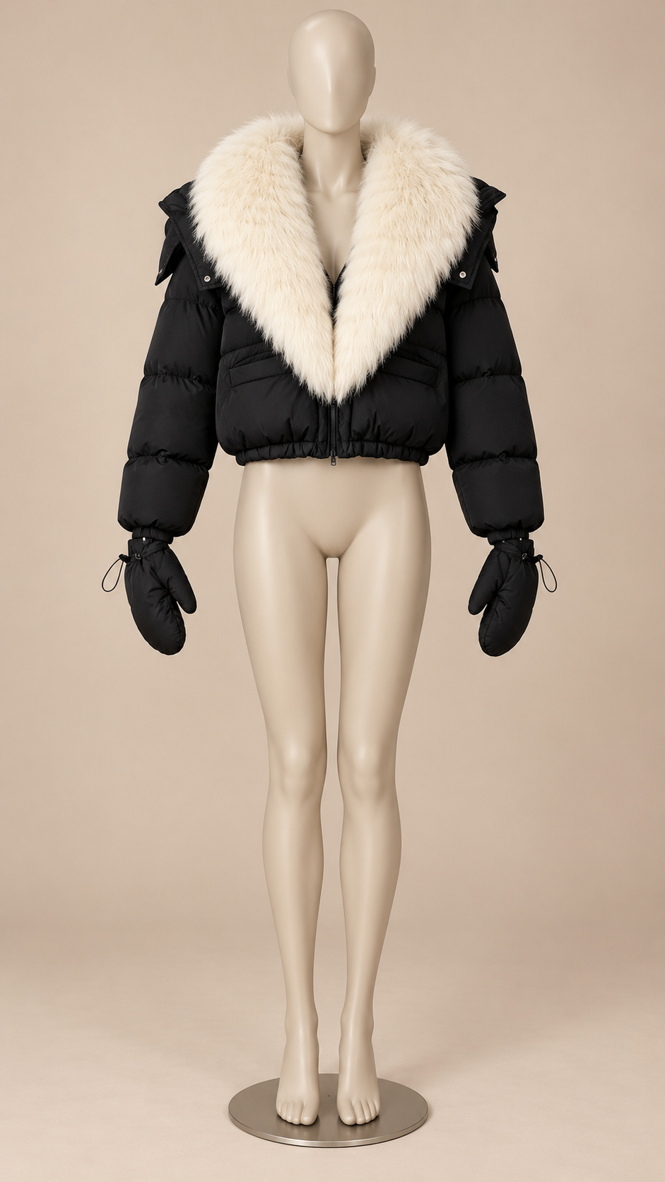 Anastasia Fox-Stole Hooded Puffer — Black & Ivory mannequin front