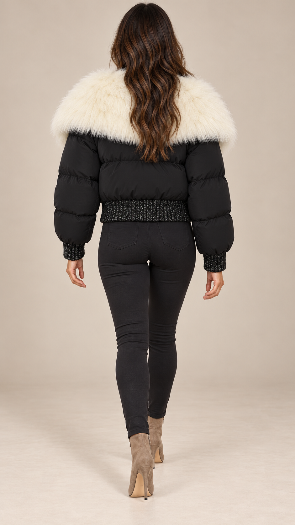 Svetlana Fox-Collar Puffer — Black & Ivory model back