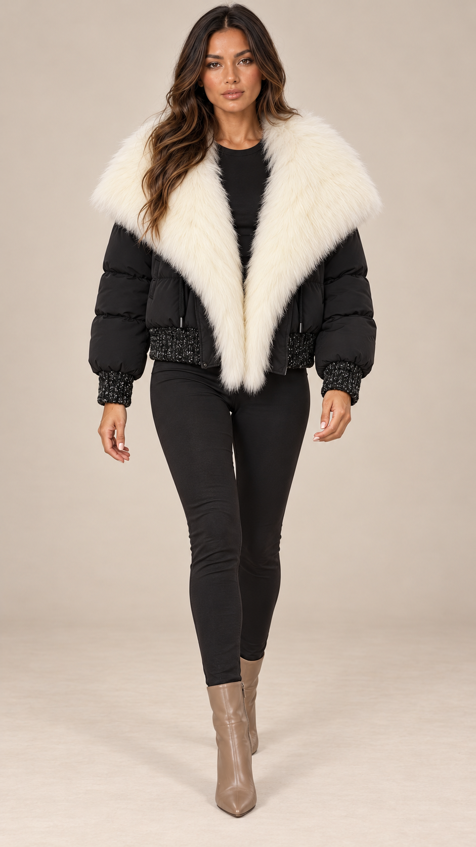 Svetlana Fox-Collar Puffer — Black & Ivory model front