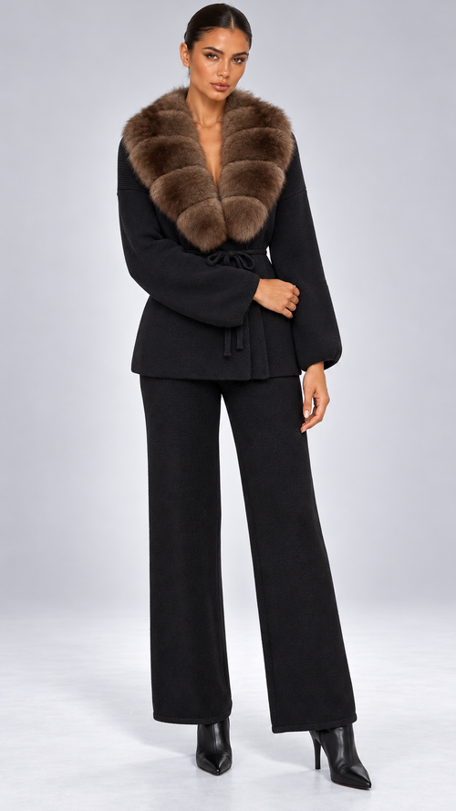 Margit Fox-Collar Knit Set — Black + Mink model front
