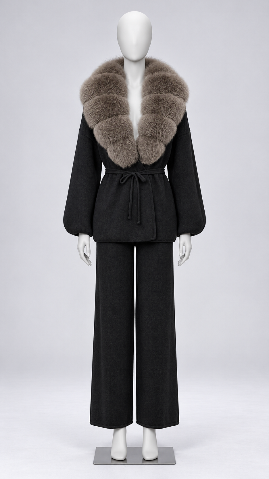 Margit Fox-Collar Knit Set — Black + Mocha Gray mannequin front