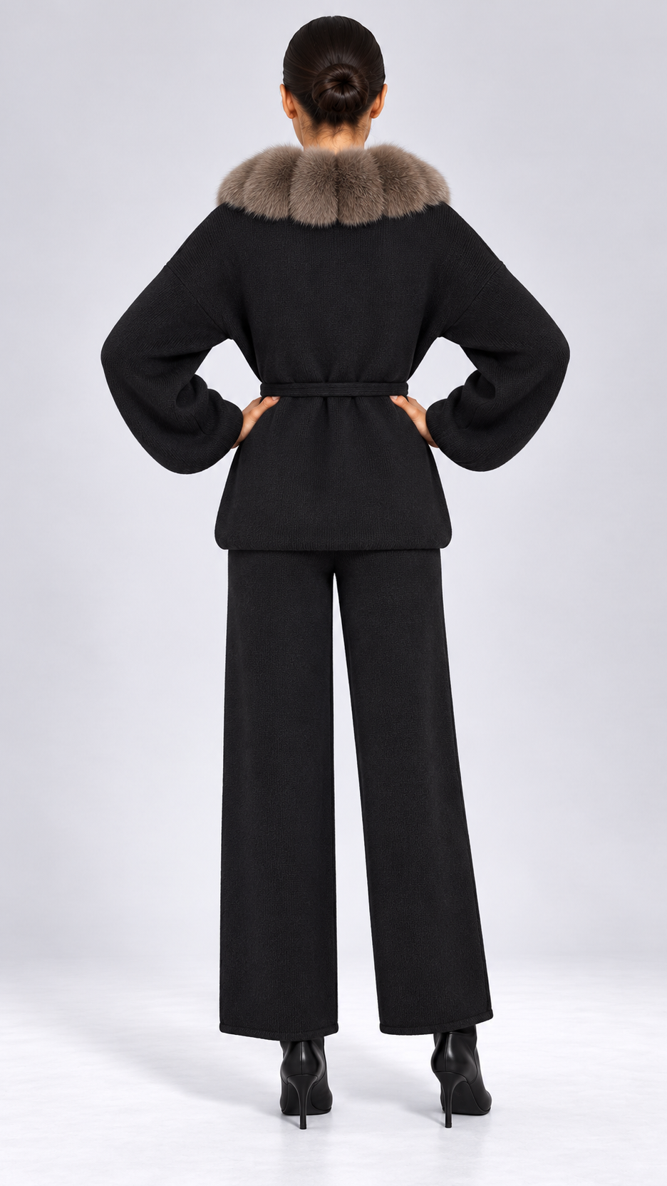 Margit Fox-Collar Knit Set — Black + Mocha Gray model back