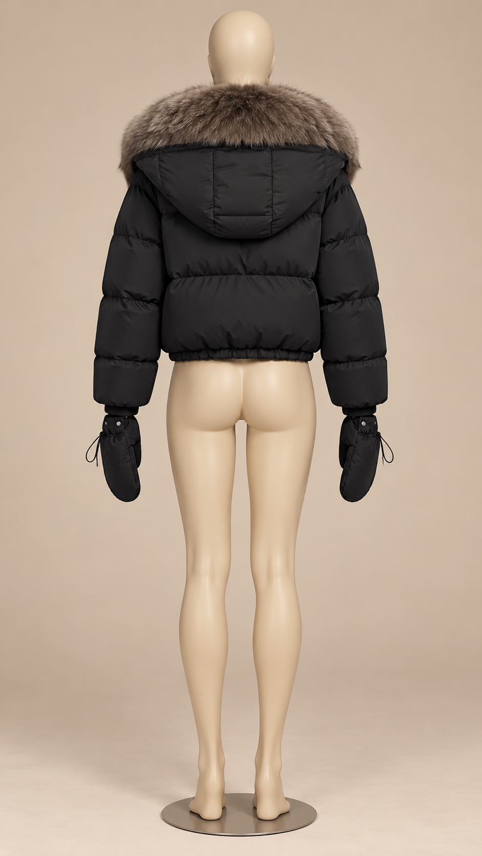 Anastasia Fox-Stole Hooded Puffer — Black & Taupe mannequin back