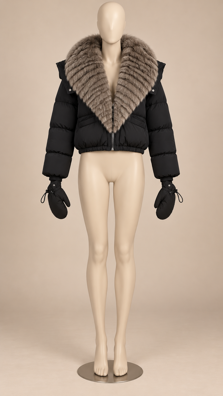 Anastasia Fox-Stole Hooded Puffer — Black & Taupe mannequin front