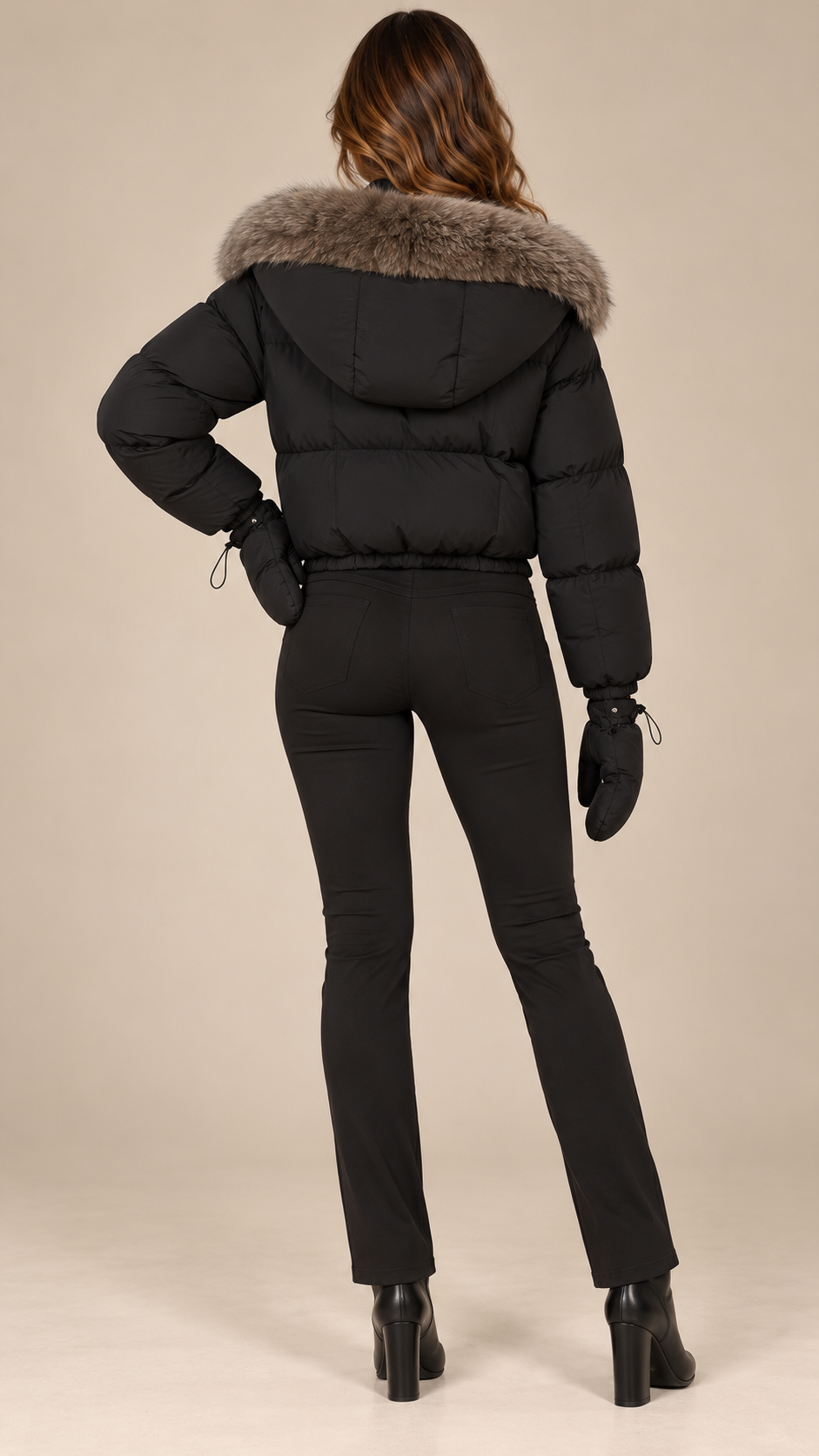 Anastasia Fox-Stole Hooded Puffer — Black & Taupe model back