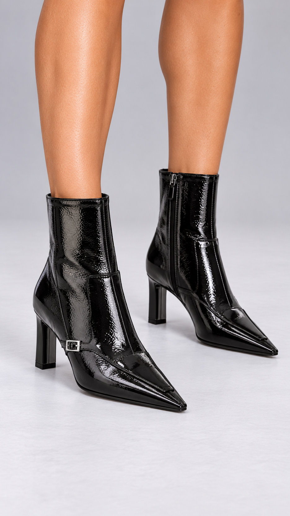 Ottavia Crinkle-Patent Boot — Black 7cm Fleece-Lined worn closeup