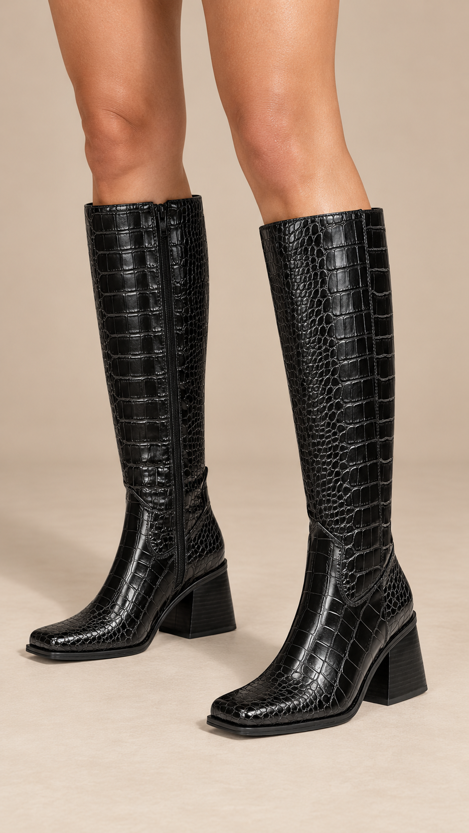 Zahara Tall-Shaft Boot — Black Croco worn closeup