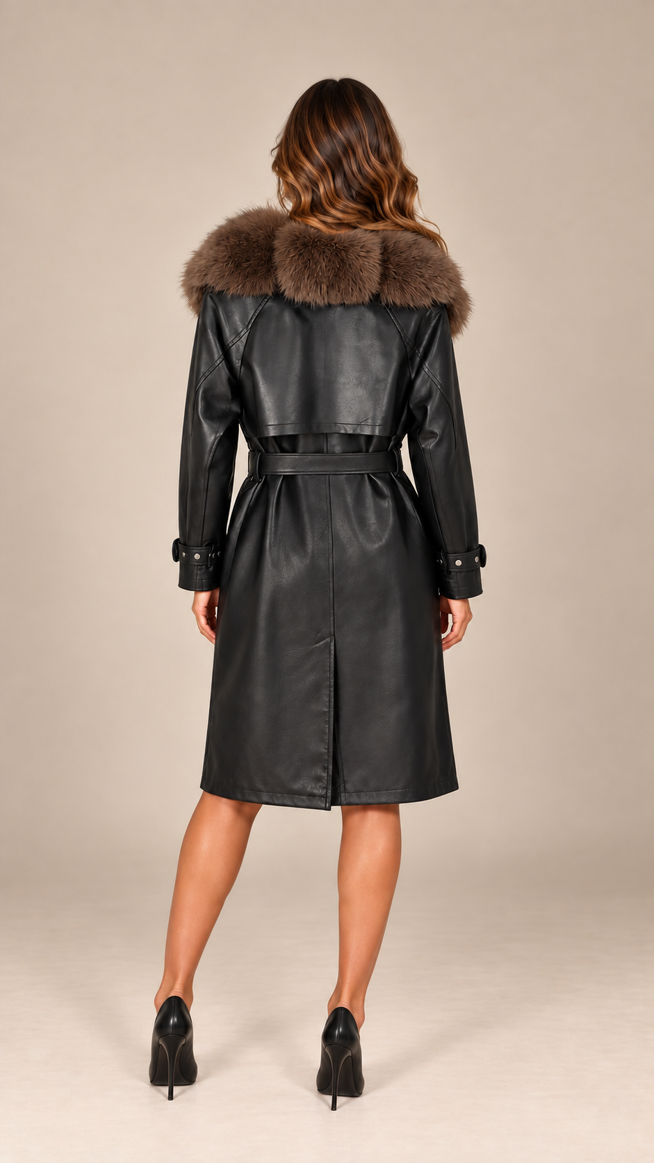 Genevieve Wrap Trench — Black Light Coffee model back