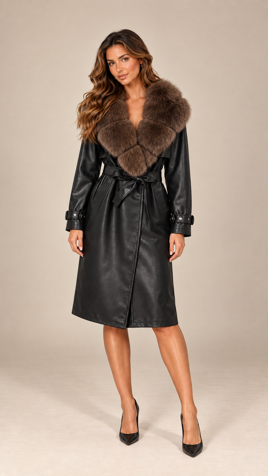 Genevieve Wrap Trench — Black Light Coffee model front