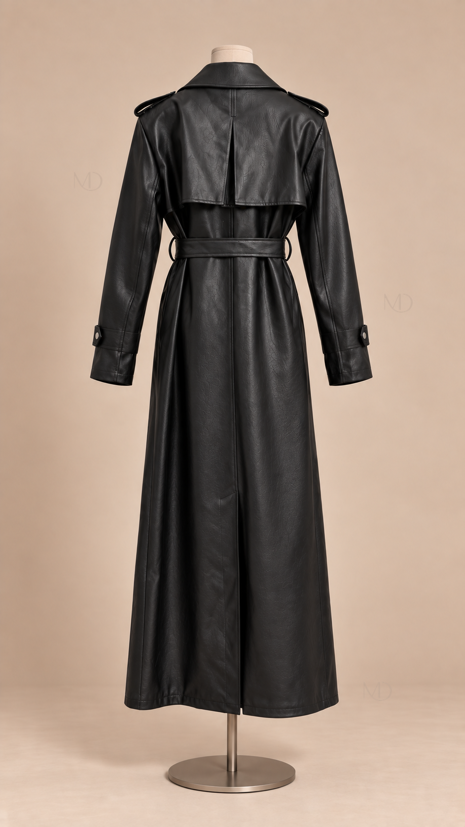Roxane Belted Leather Trench — Black mannequin back