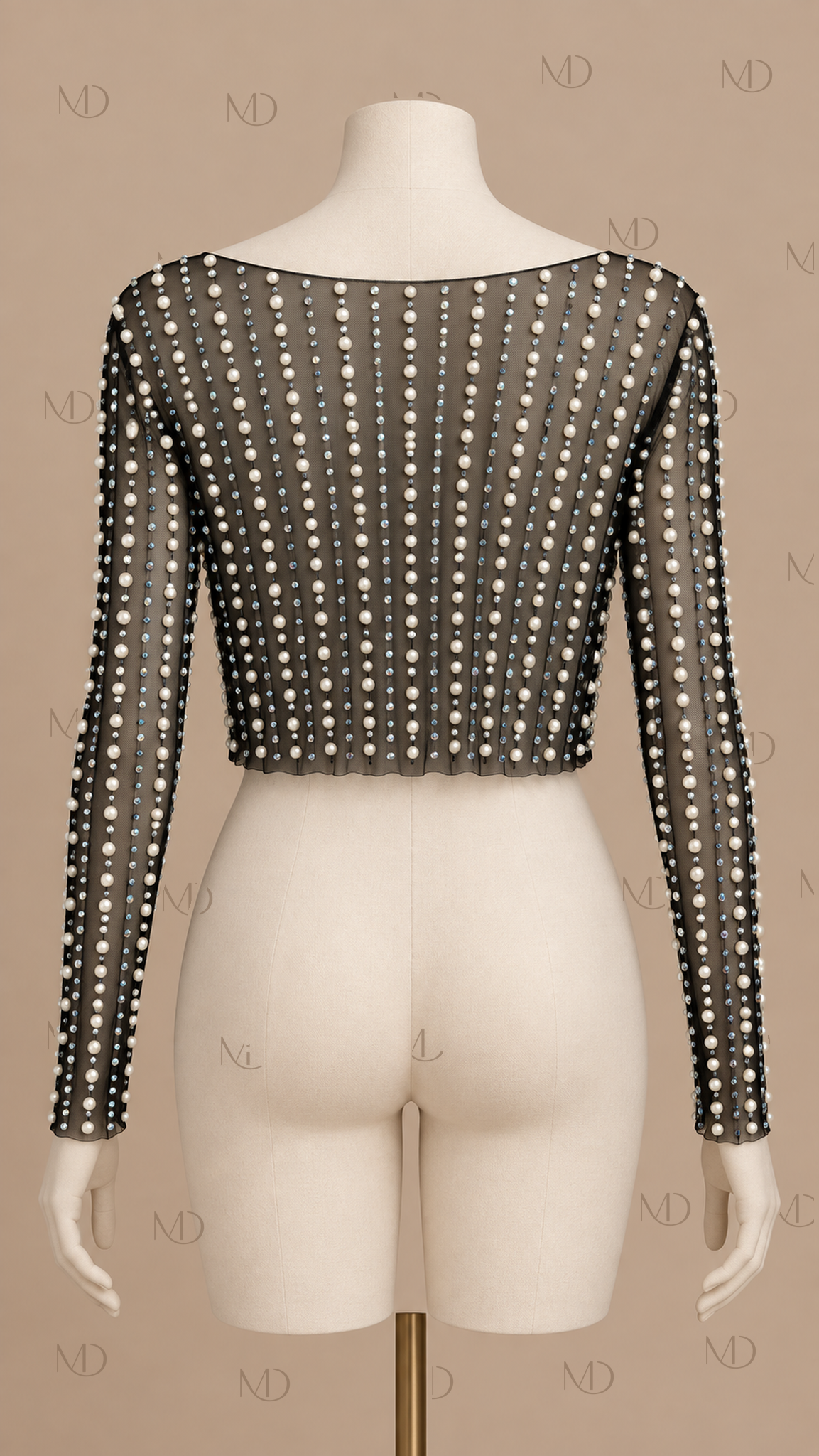 Perla Beaded Mesh Crop Top — Black mannequin back