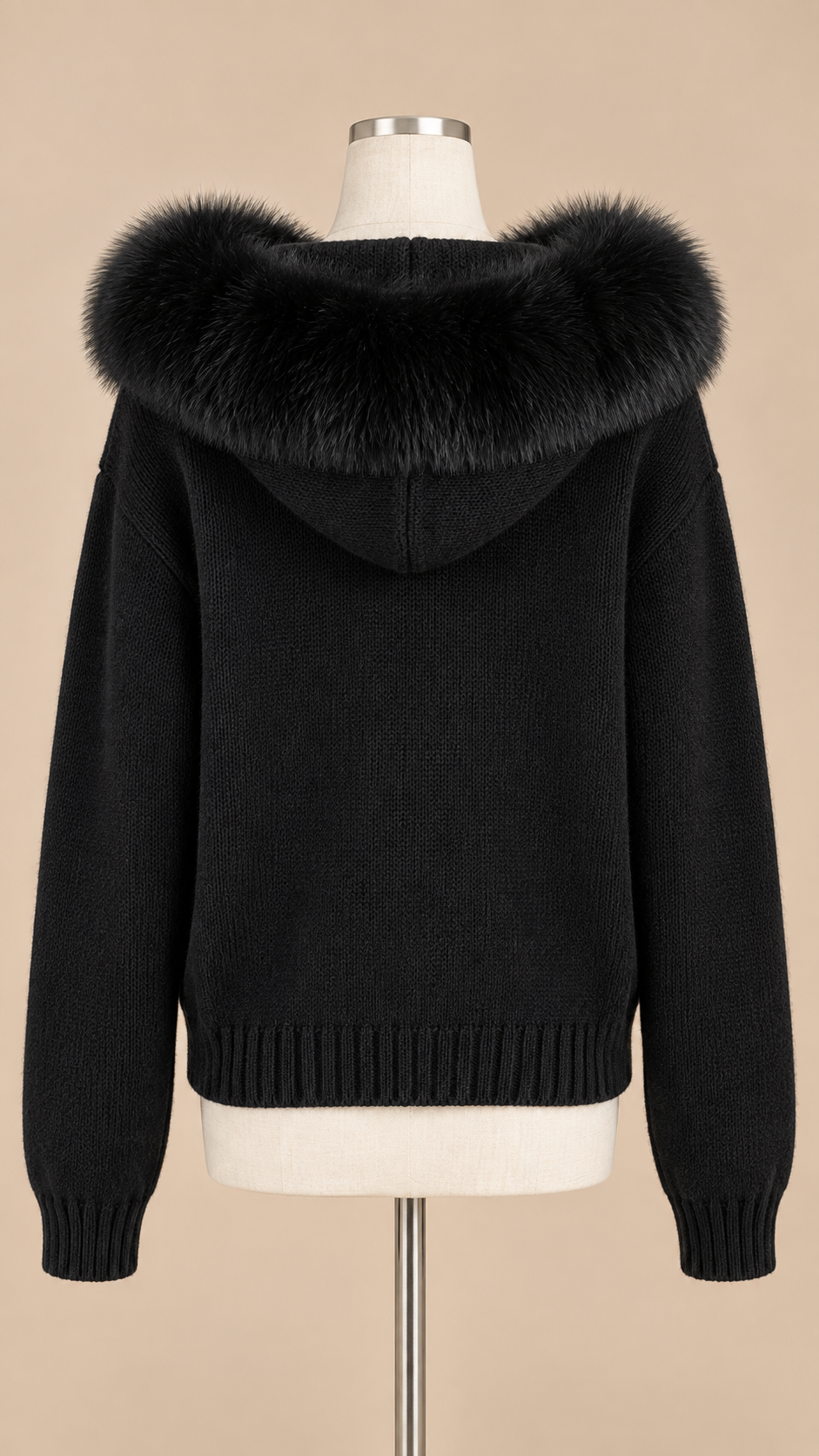 Sable Fox-Collar Cardigan — Black mannequin back