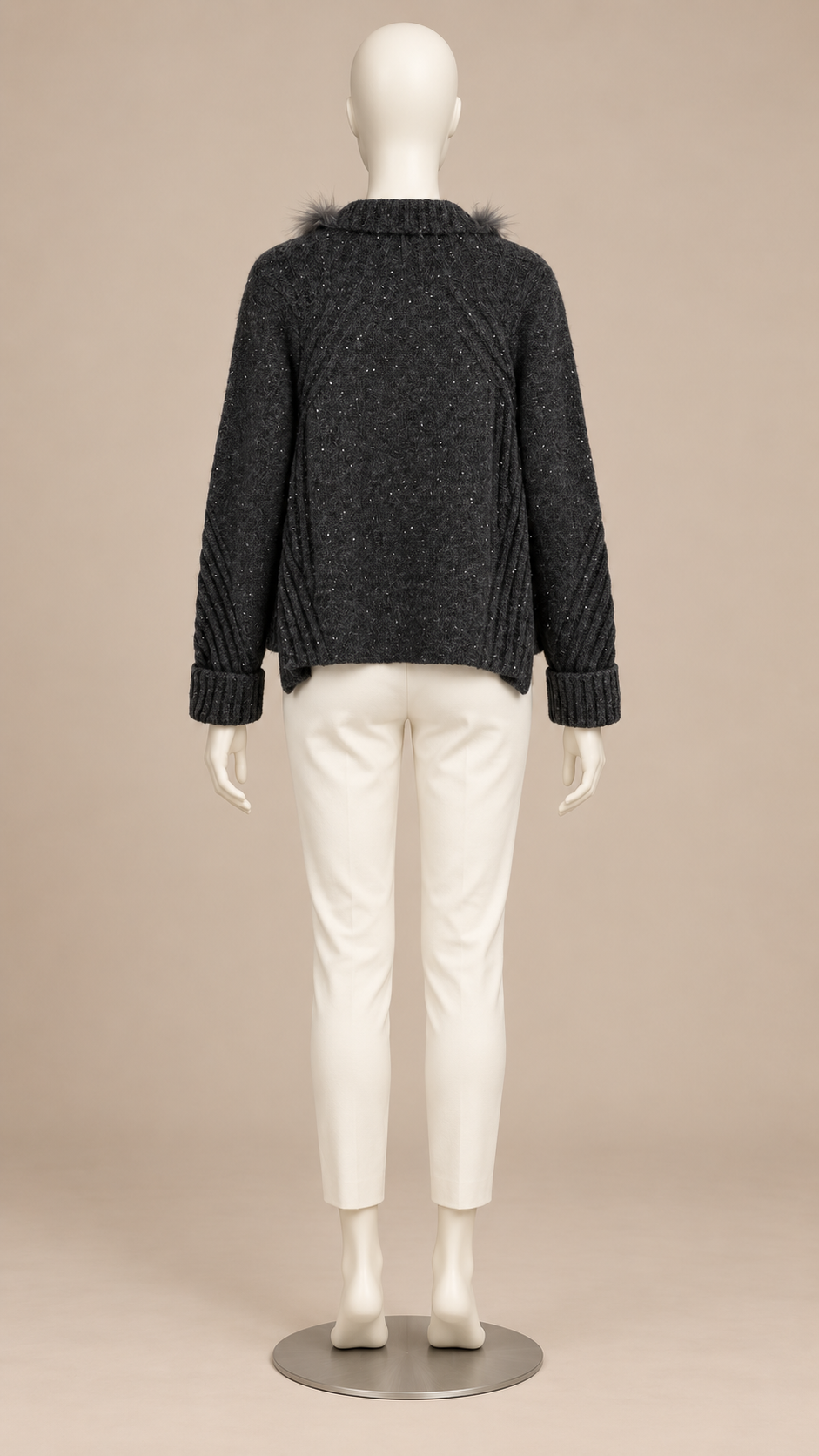 Delia Fur-Trim Cardigan — Black mannequin back